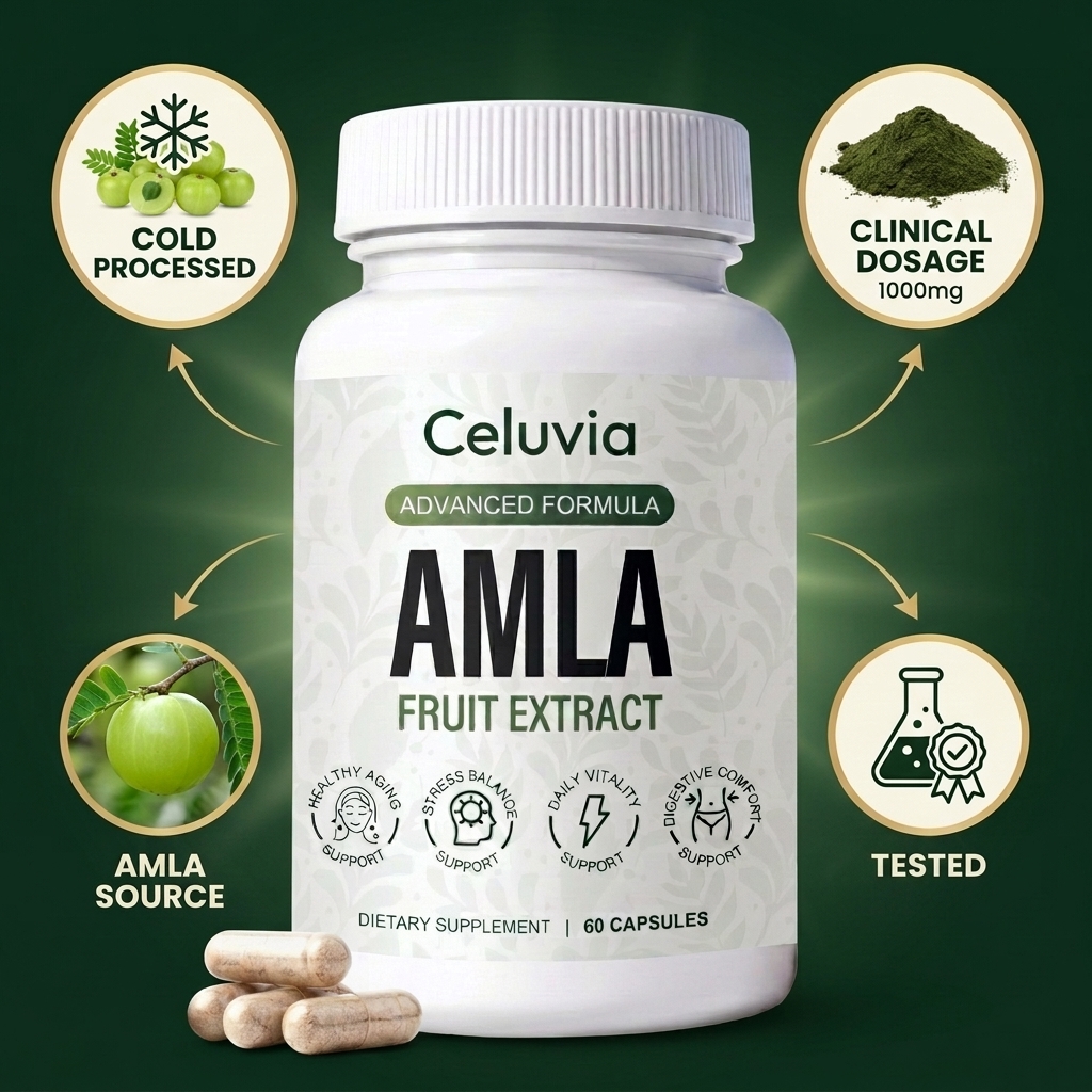 Celuvia Amla fruit extract bottle and key product benefits
